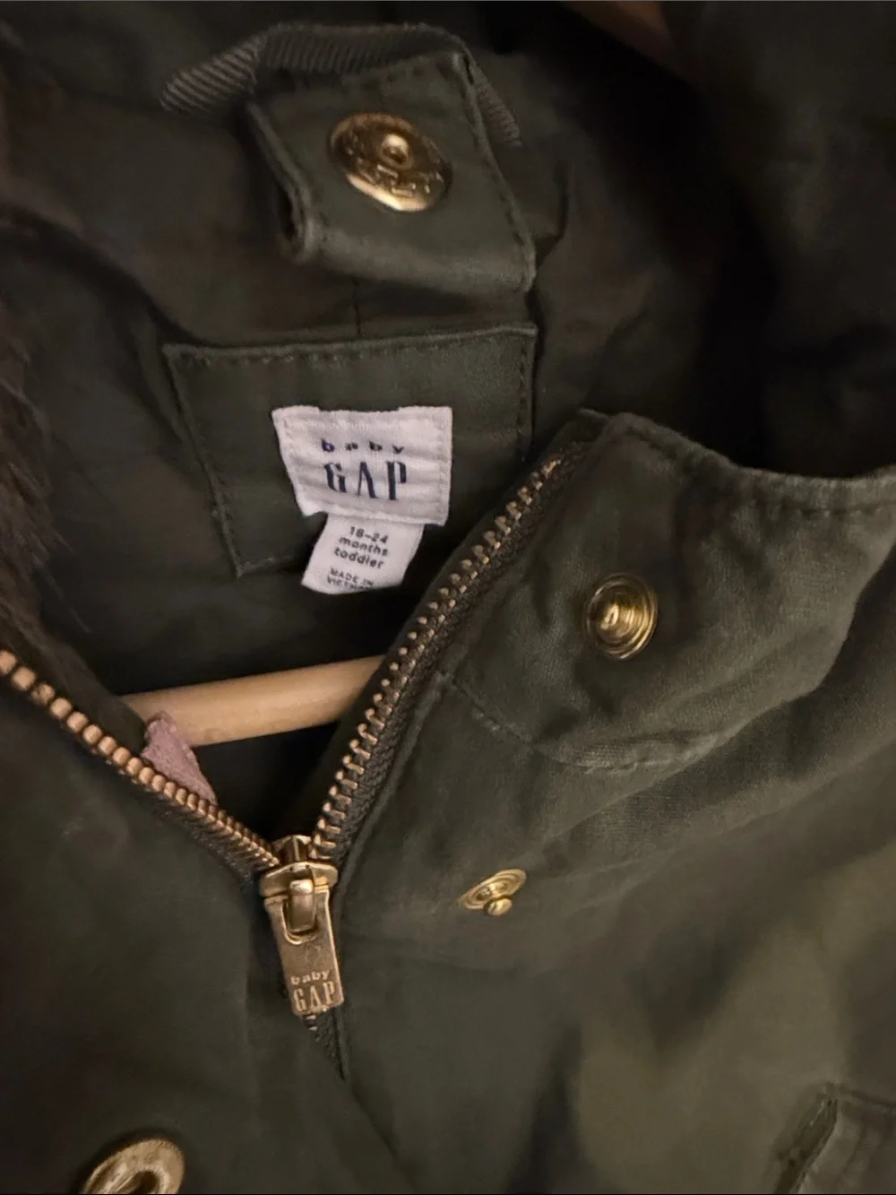 Baby Gap 18-24mths Olive Green Hooded Parka with Removable Faux Fur Trim